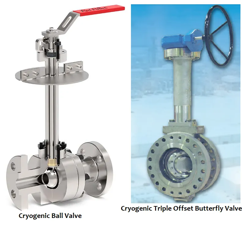 Triple-offset butterfly valves: The use of the triple offset butterfly valve is for delivering high performances in cryogenic surroundings. Offset in these valves cause the reduction and wearing between the seal and seat of the cryogenic valve. The design of this valve is with the ring of stainless steel whose installation is on the disk to prevent the leakages.